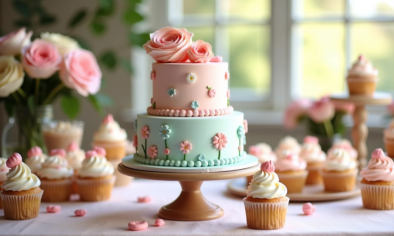 Mesa do bolo decorada para um chá de bebê com bolo de dois andares.