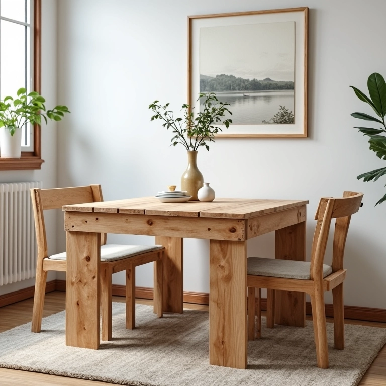 Mesa e cadeiras de palete como opção econômica para decoração.