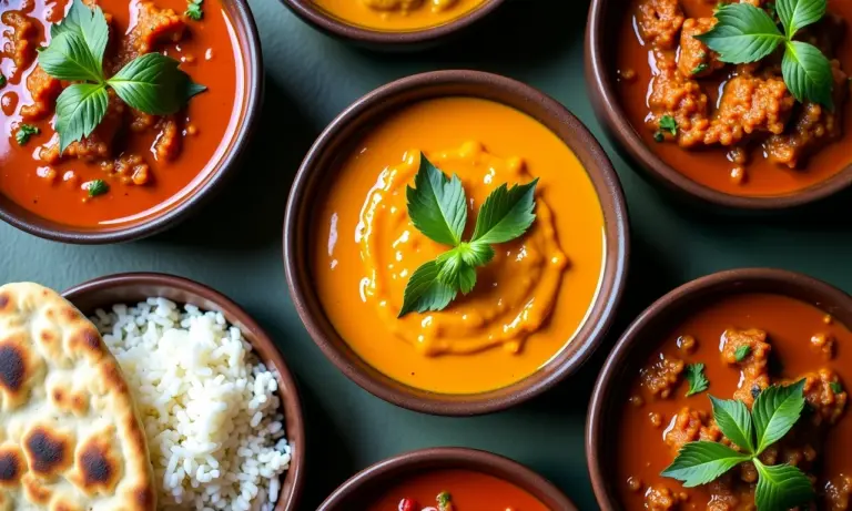 Mesa farta com diversos tipos de curry indiano, pães naan e arroz, com decoração vibrante em estilo Farm Rio.