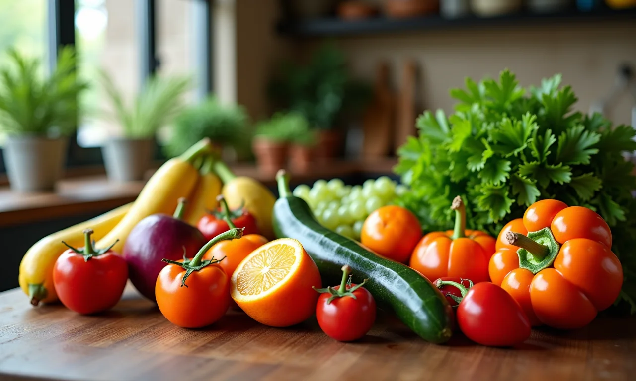 Mesa farta com frutas e legumes frescos em cozinha brasileira.