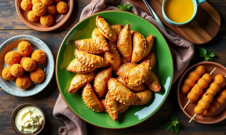 Mesa farta com petiscos de boteco, incluindo mini-empanadas e bolinhos de queijo.