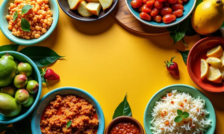 Mesa farta com pratos coloridos feitos com ciriguela, representando o sabor do verão.