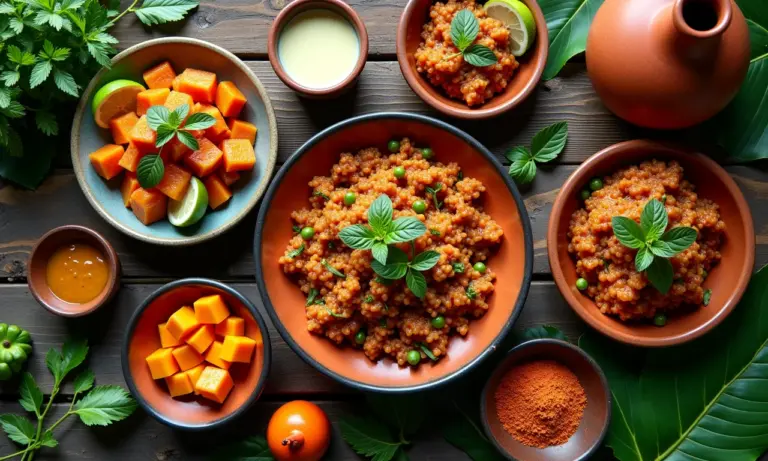 Mesa farta com pratos diversos à base de pequiá, ingrediente amazônico.