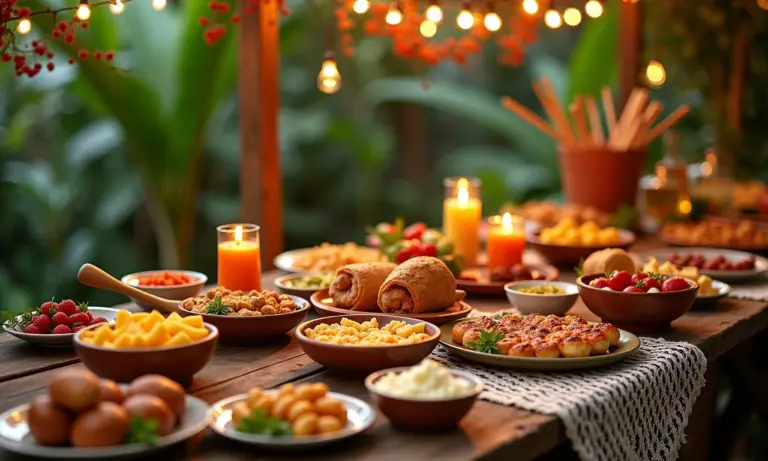 Mesa farta de Festa Junina com comidas caseiras e decoração vibrante.