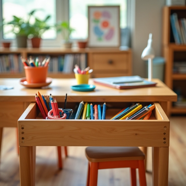 Mesa infantil com porta-lápis embutido para organização.