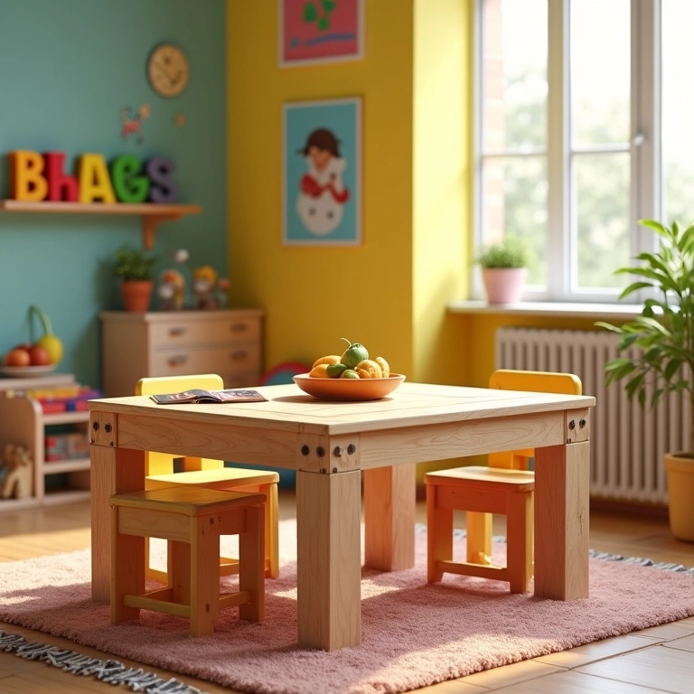 Mesa infantil criativa feita com caixotes de madeira.