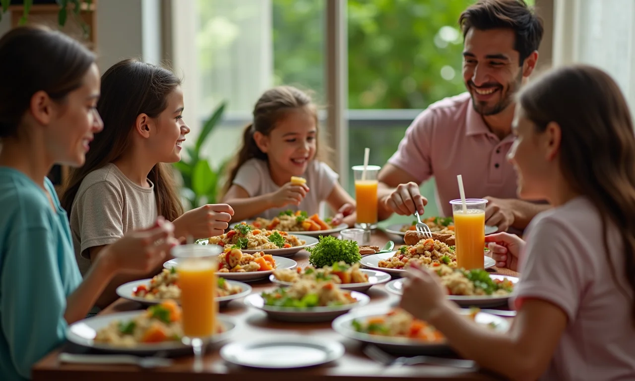 Mesa posta com refeições variadas e coloridas para uma família brasileira.