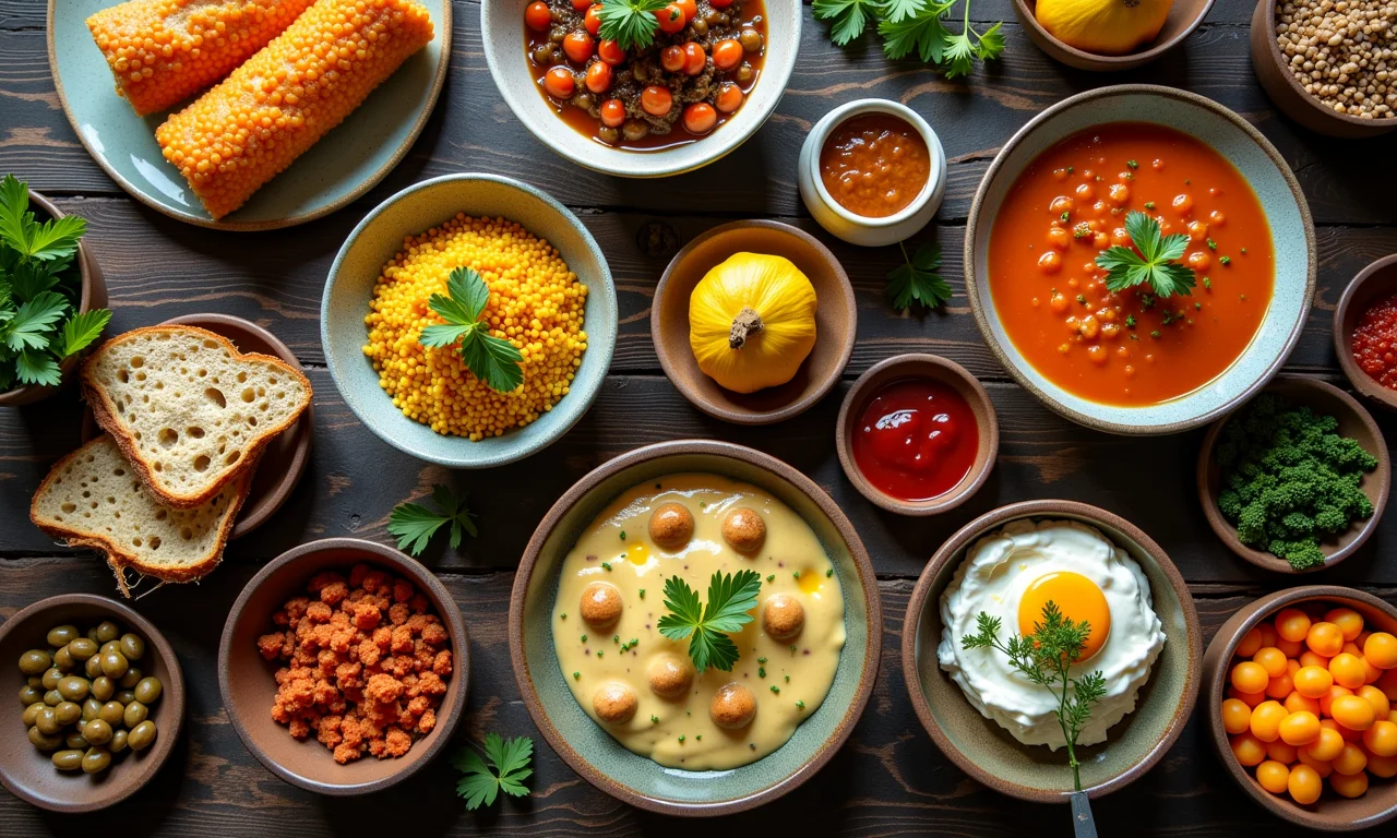 Mesa rústica com diversos pratos brasileiros vibrantes com pequi, em estilo 'farm-to-table'.