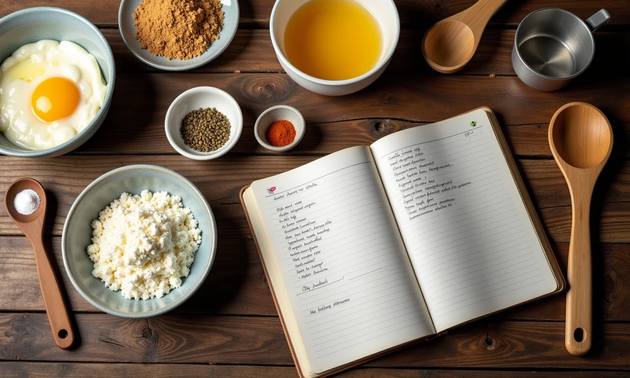 Mesa rústica com ingredientes e utensílios para sobremesas simples.