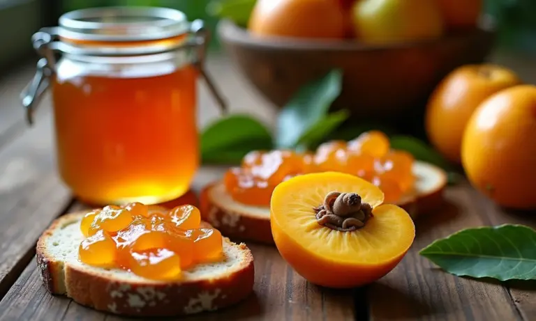 Mesa rústica com marmelada caseira, pães e marmelos frescos.