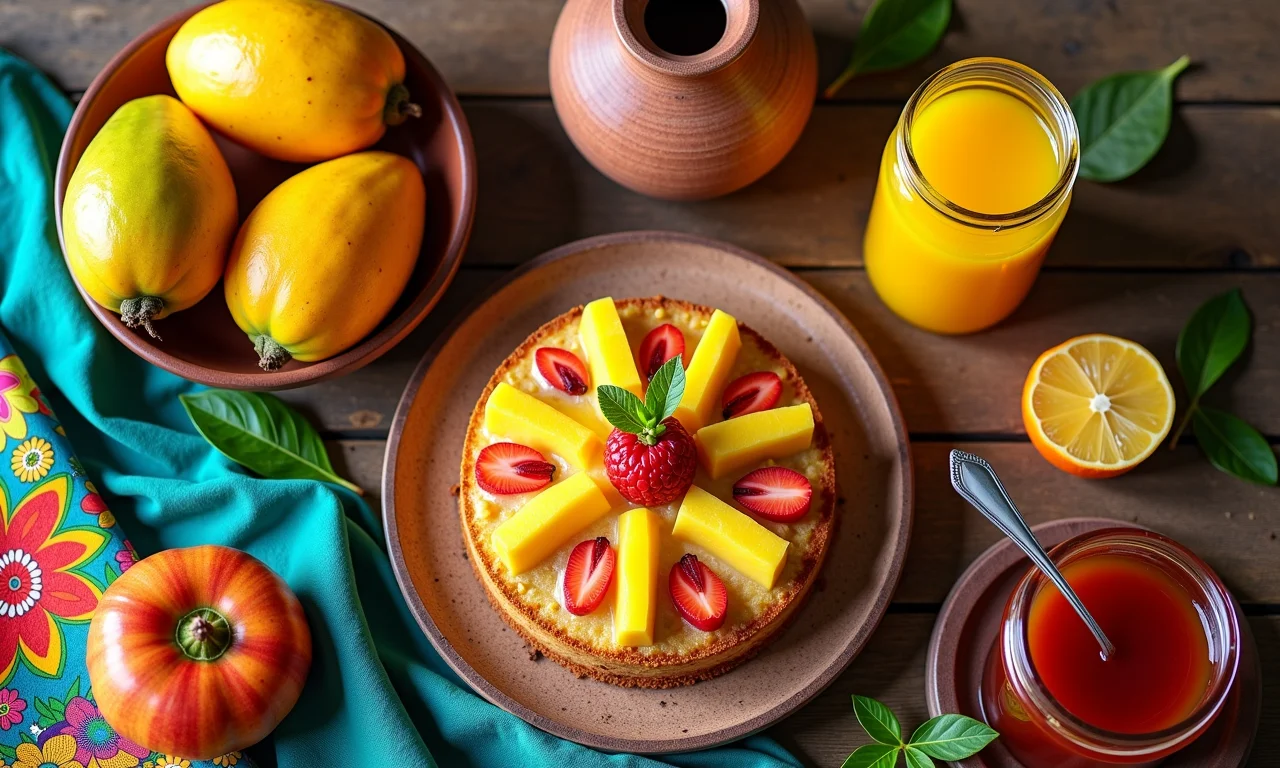 Mesa rústica com pitangas frescas, geleia, suco e bolo, em ambiente acolhedor e vibrante.