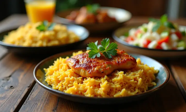 Mesa rústica com pratos diversos com guariroba, iguaria brasileira.