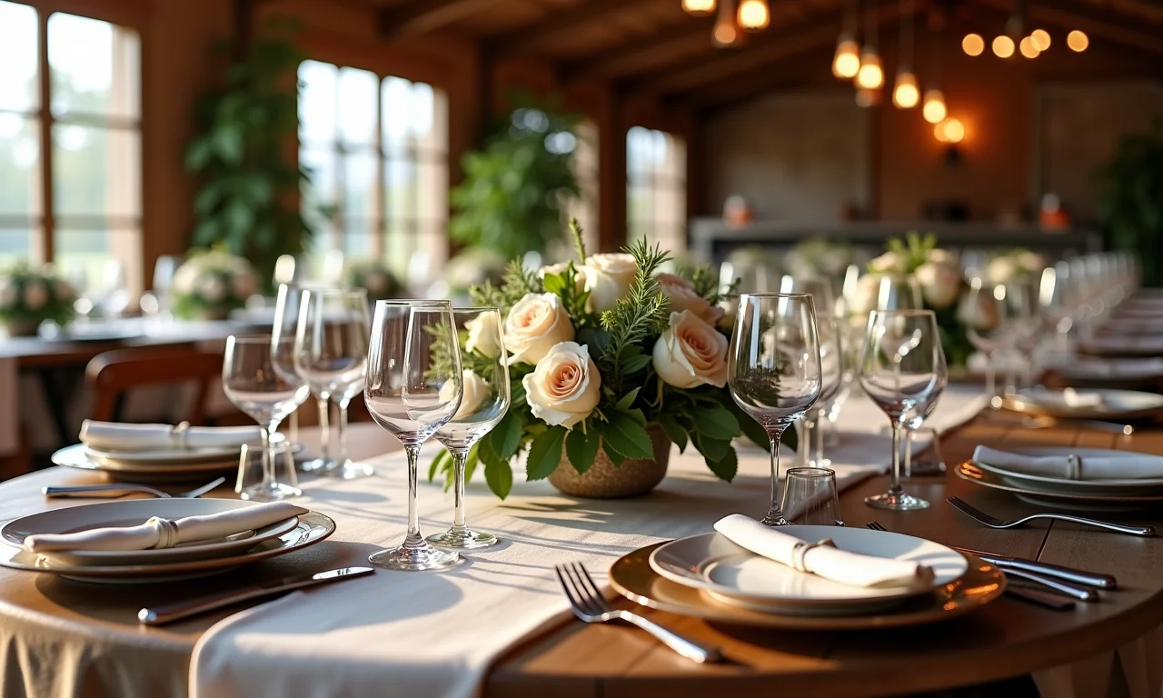 Mesas de casamento com diferentes estilos de centros de mesa.