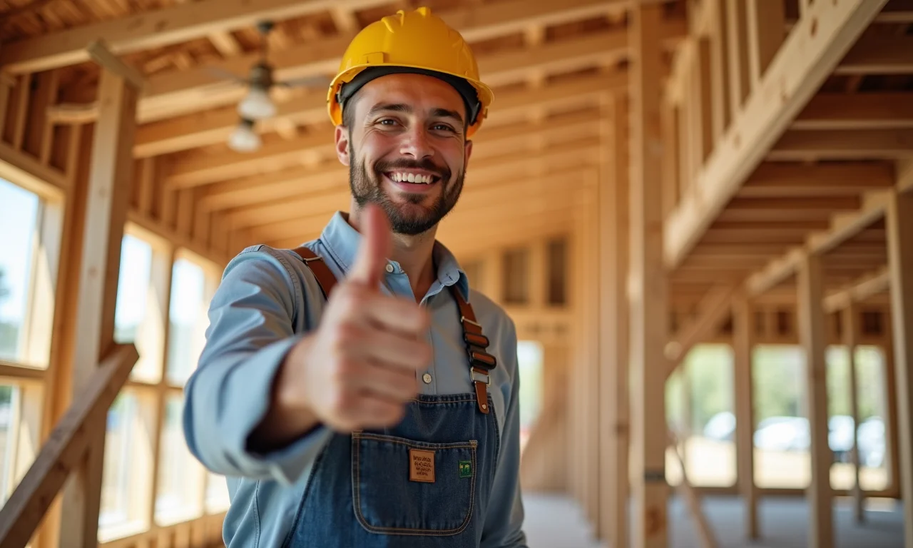 Mezanino de madeira concluído com trabalhador sorrindo.