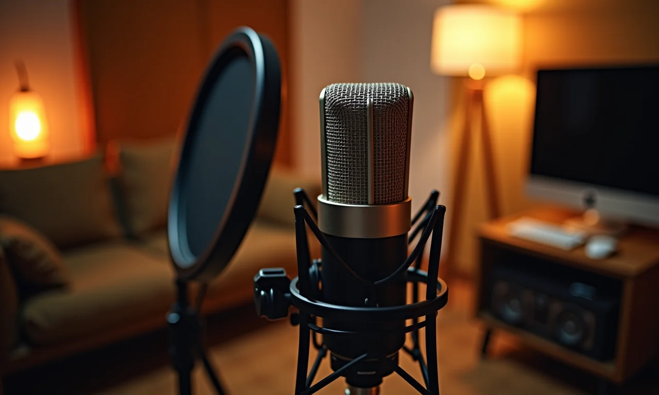 Microfone profissional gravando áudio em estúdio aconchegante.