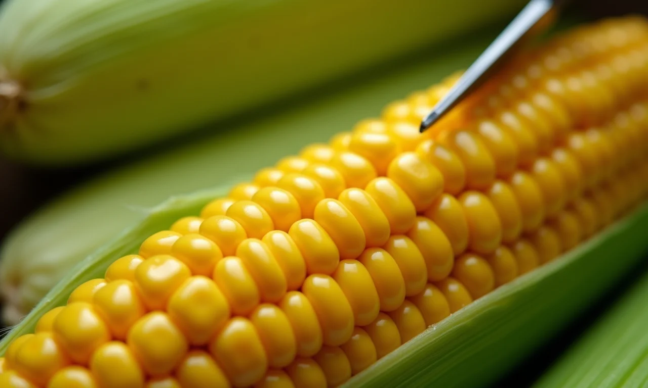 Milho verde fresco sendo cortado da espiga.