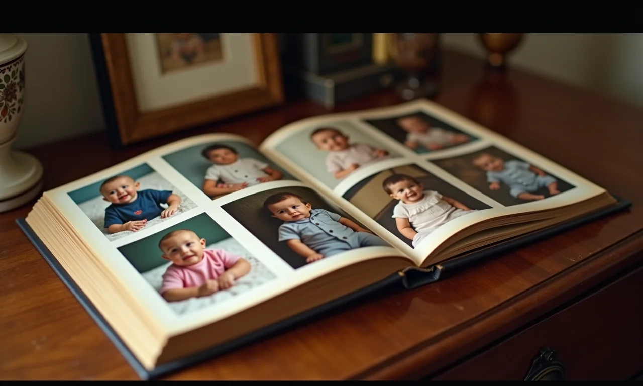 Mini álbuns de fotos com fotos de bebês em penteadeira vintage.