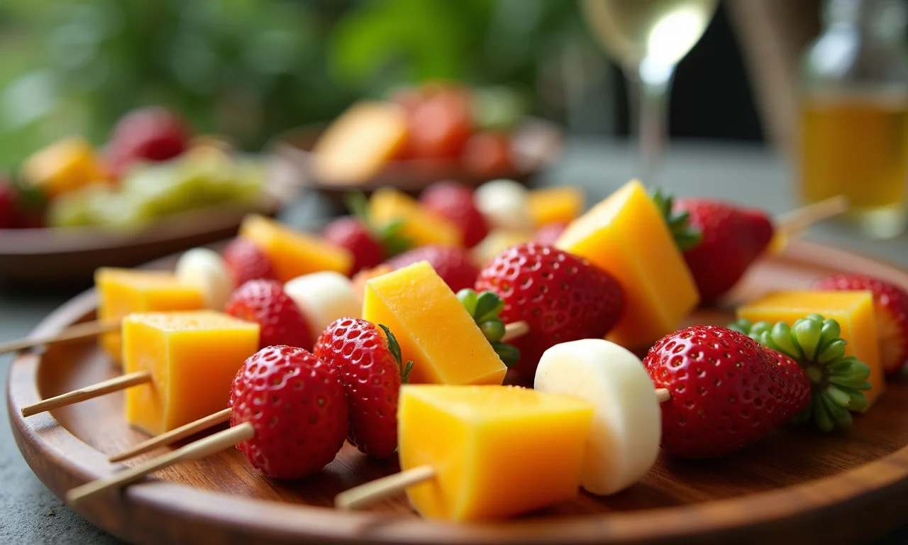 Mini espetinhos de frutas coloridas em festa infantil.