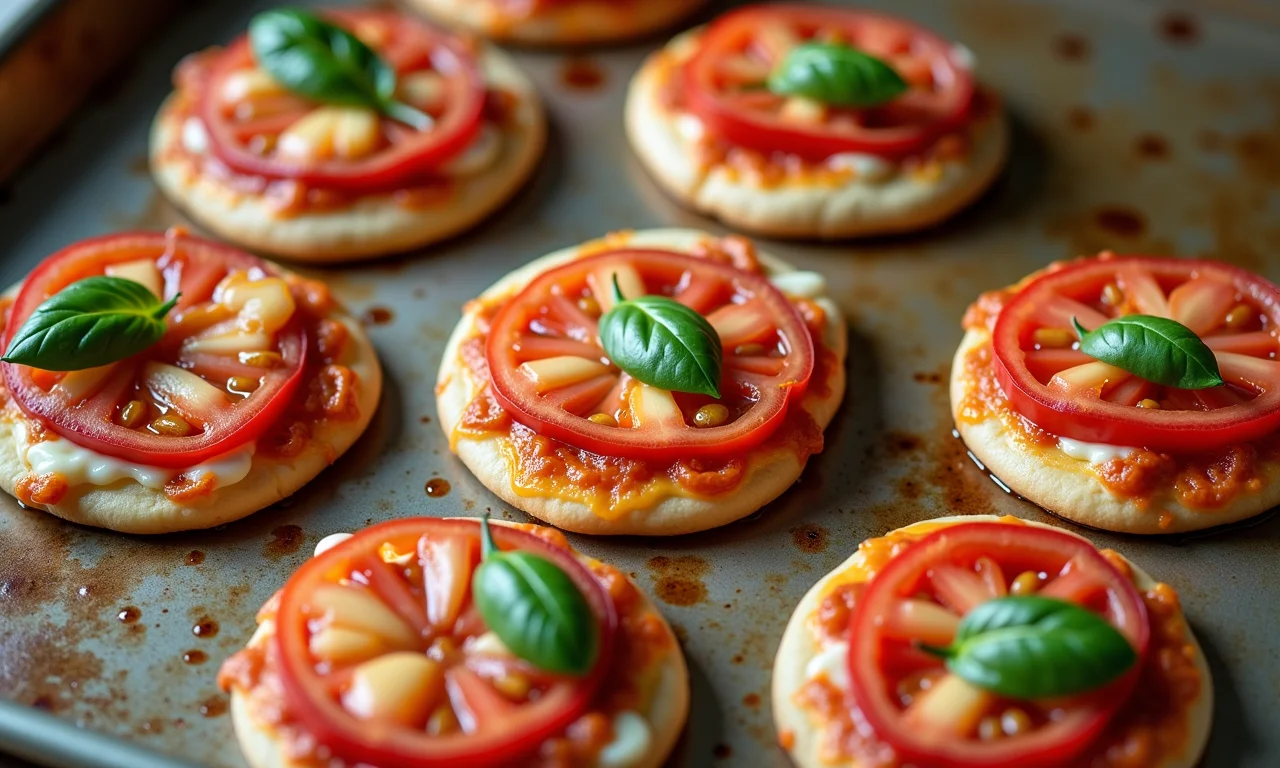 Mini pizzas caseiras com tomate, pimentão e queijo em assadeira.
