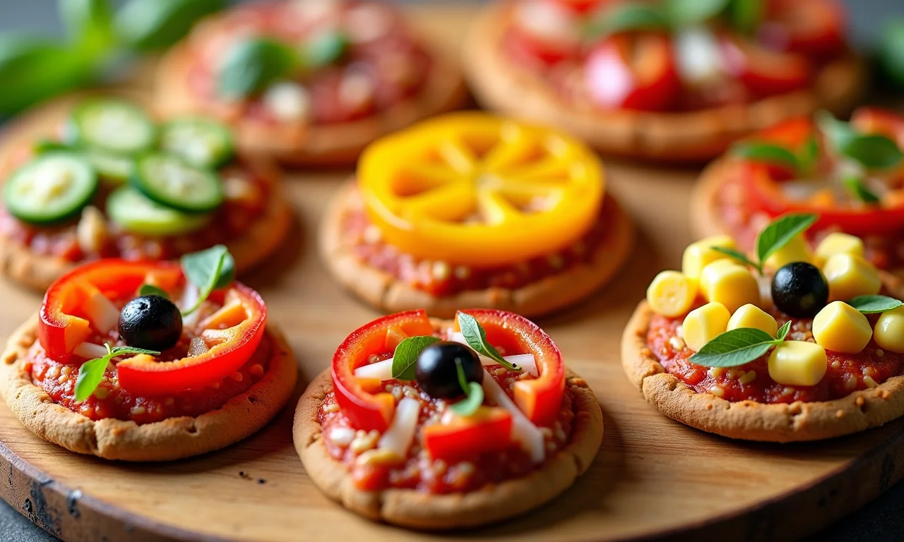 Mini pizzas de legumes com coberturas coloridas e nutritivas.