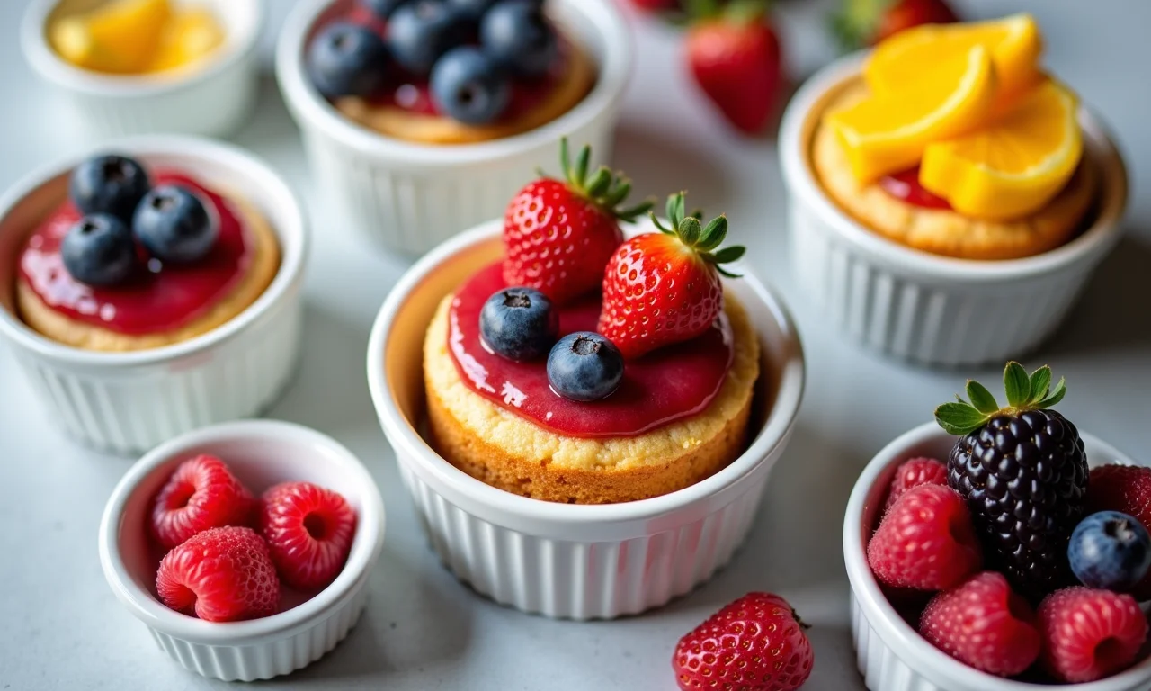 Mini tortas Charlotte com diferentes coberturas de frutas.