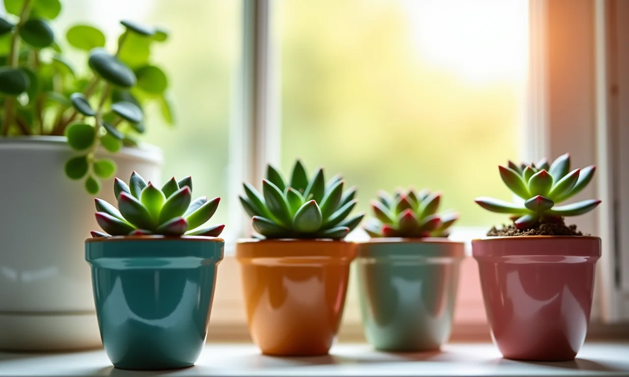 Mini vasinhos com suculentas em prateleira ensolarada, estilo Farm Rio.