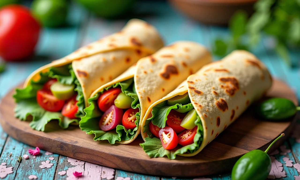 Mini wraps coloridos com recheios variados em festa.