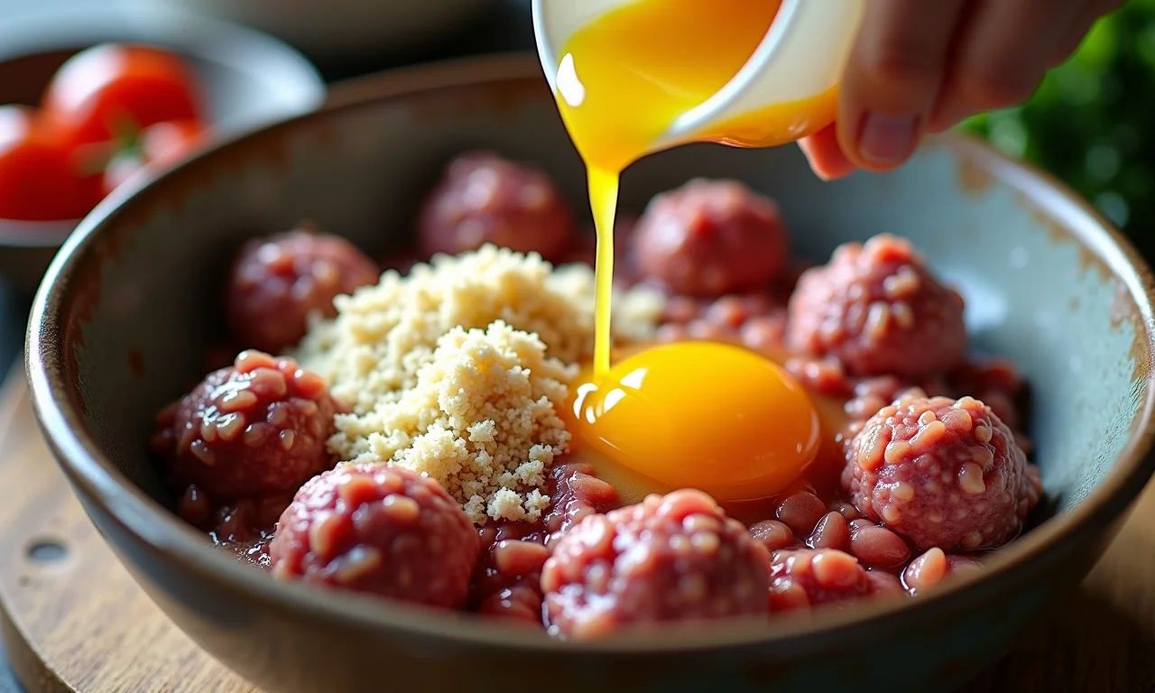 Mistura de almôndega sendo ligada com pão ralado e ovo em uma tigela.