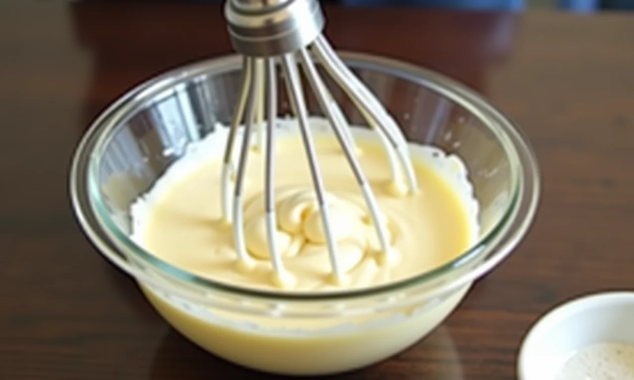 Misturando creme de leite ao mousse de ninho para deixá-lo mais cremoso.