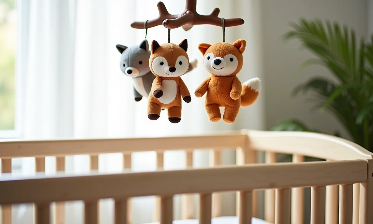Mobile de berço com bichinhos da floresta pendurado sobre um berço aconchegante.