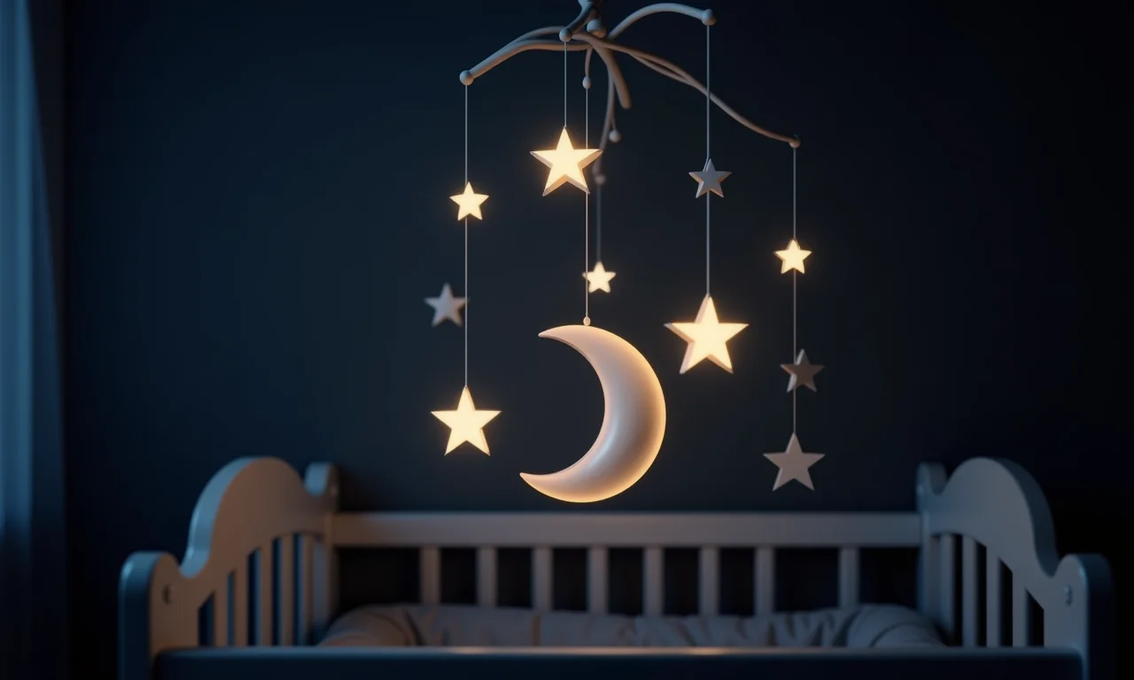 Mobile de berço com estrelas e lua com luzes LED suaves e brilhantes.