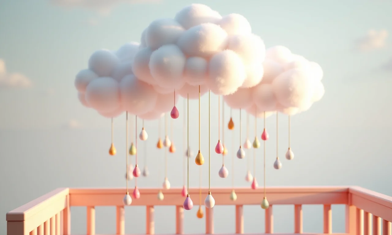 Mobile de berço com nuvens fofas e gotinhas de chuva em tons pastel.