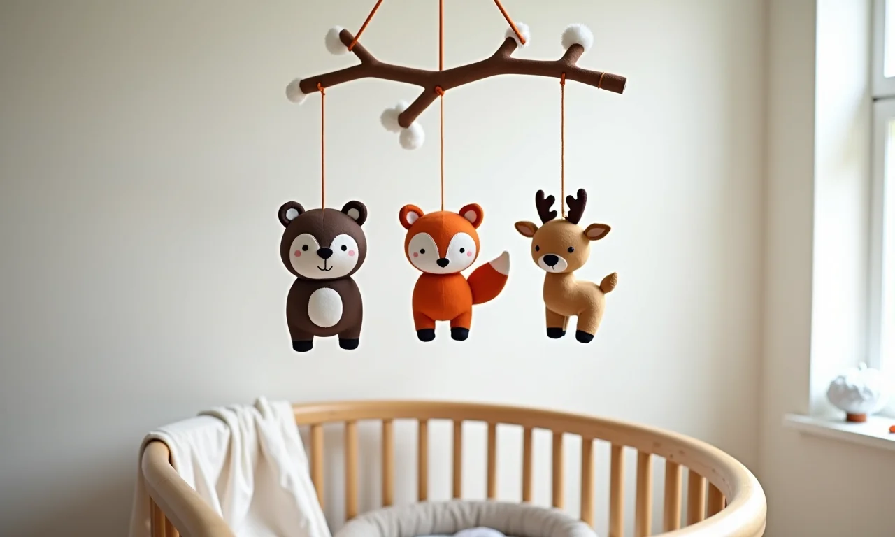 Mobile de berço com tema de animais da floresta.