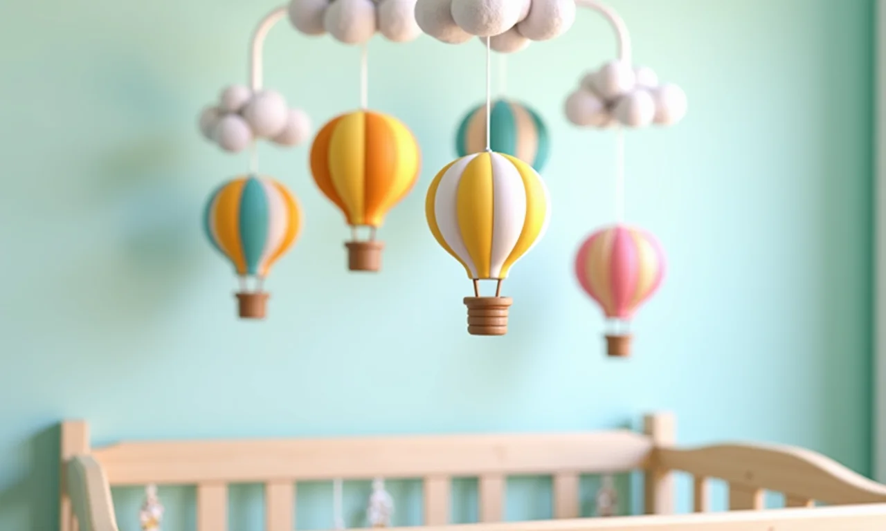 Mobile de berço com tema de balões e nuvens.