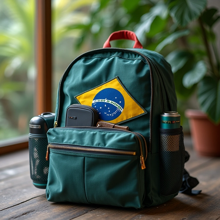 Mochila organizada com itens essenciais de viagem.