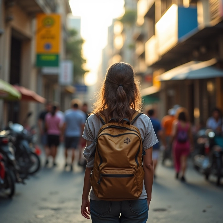 Mochileira atenta ao seu entorno em cidade movimentada.