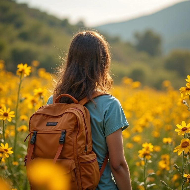 Mochileira viajando na primavera brasileira com flores.