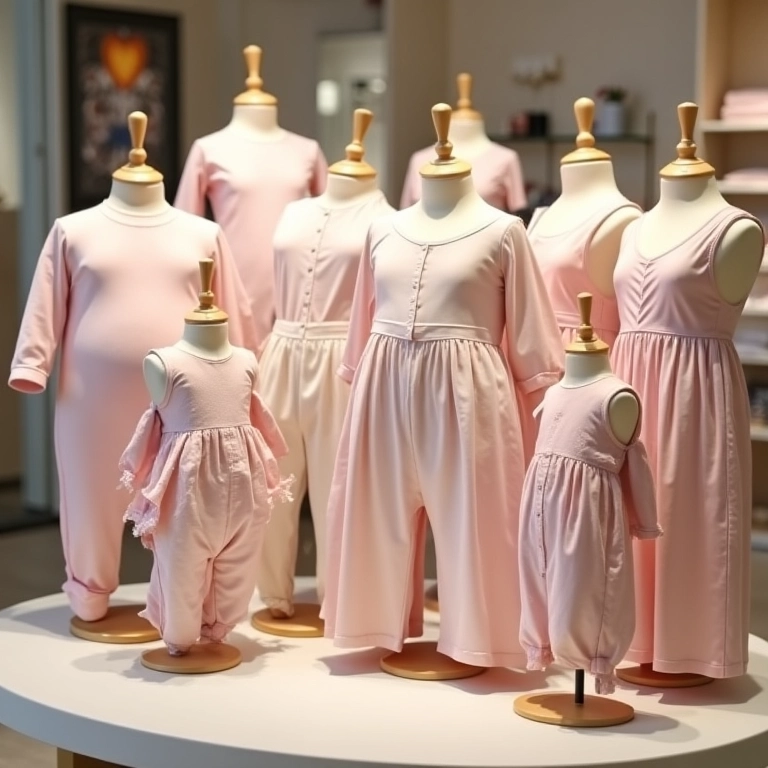 Modelos de roupas de bebê mais vendidas em exposição.