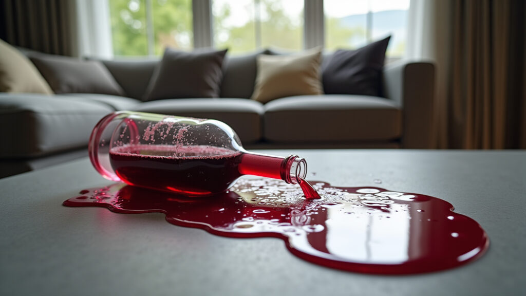 Modern living room, spilled red wine on a sofa, liquid beading on the surface, natural lighting, Vinho derramado em sofá impermeabilizado.