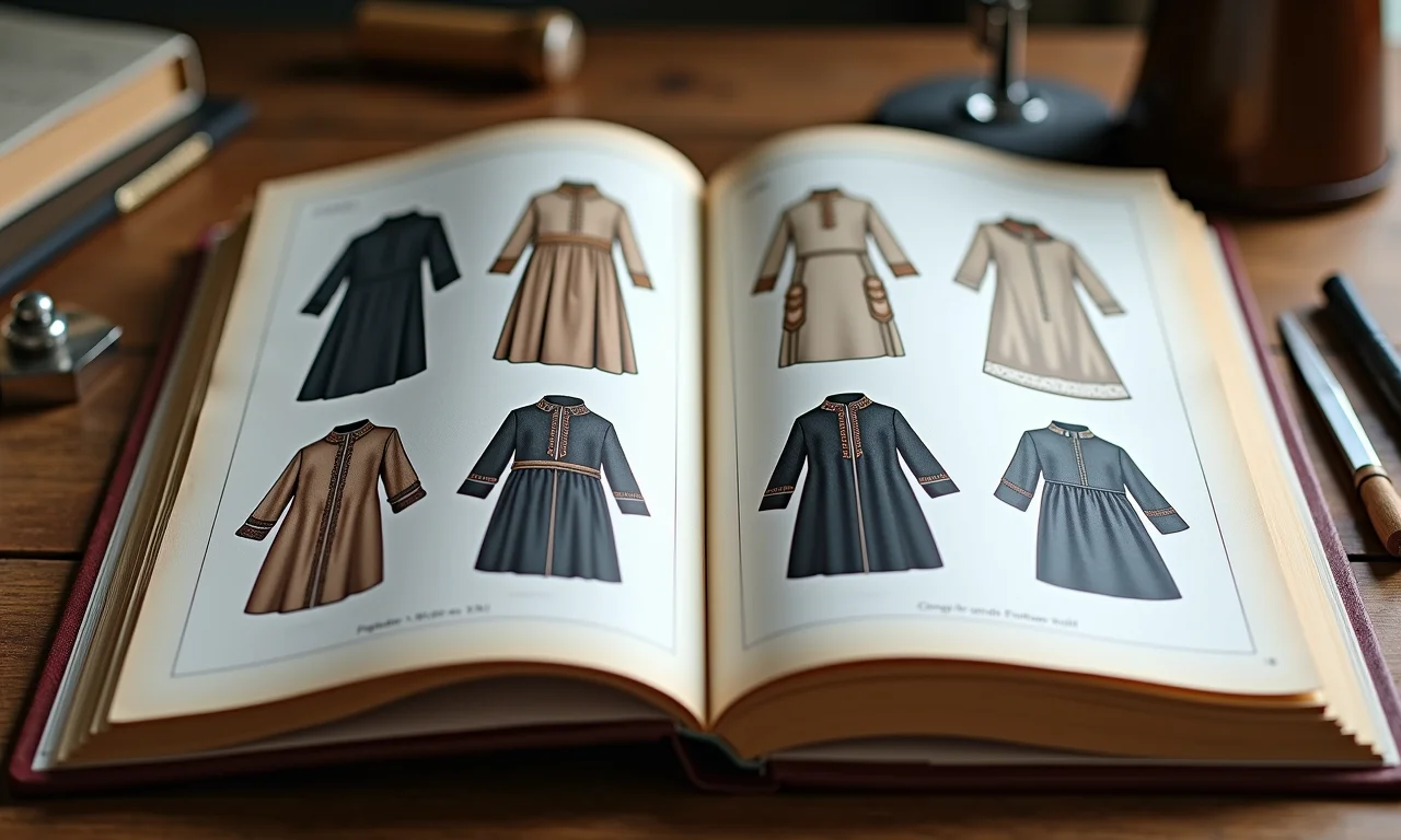 Moldes de túnica de padre em um livro de costura aberto.