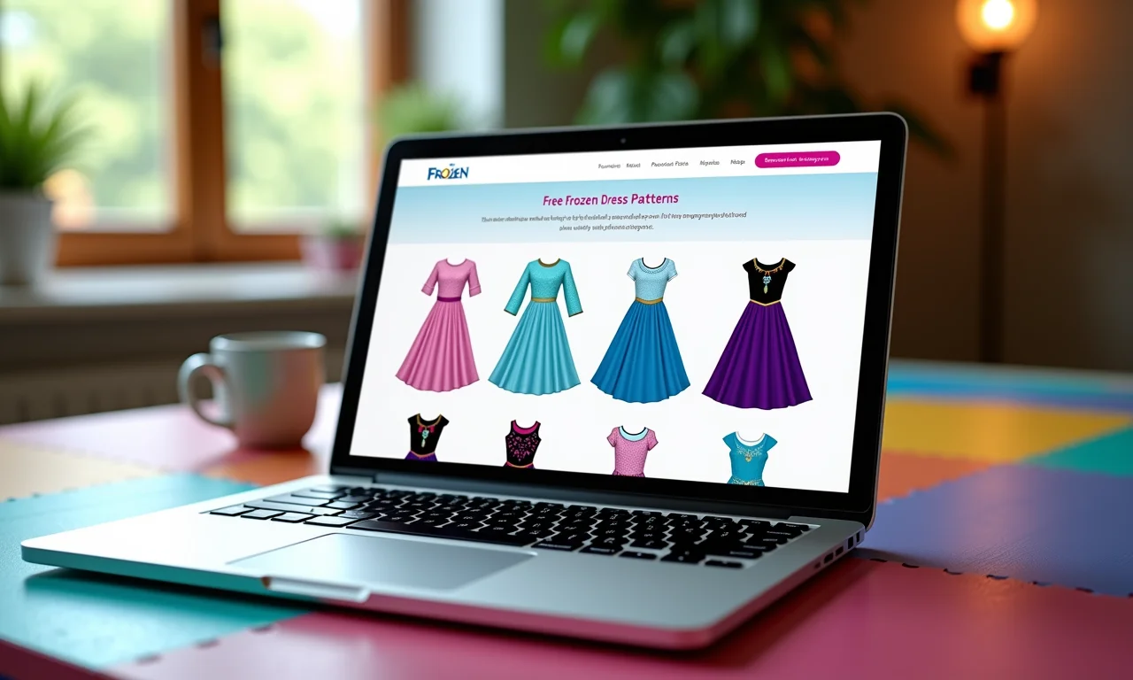 Moldes gratuitos de vestido da Frozen em site na tela do laptop.