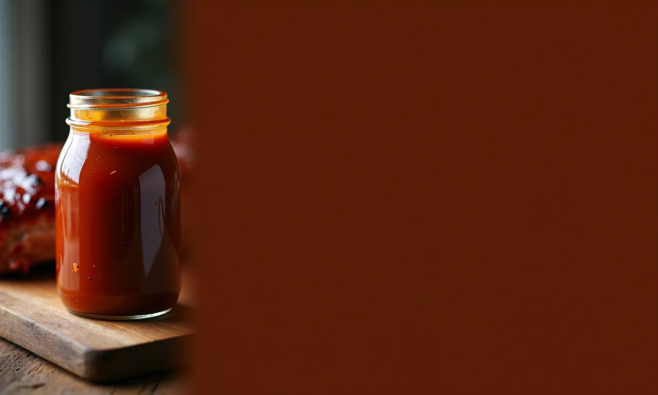 Molho barbecue caseiro em pote de vidro com costela ao fundo.