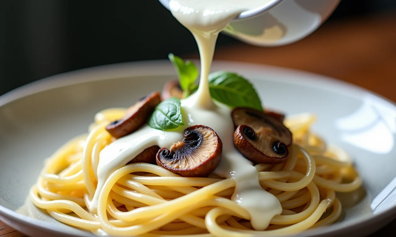 Molho branco com cogumelos salteados servido sobre massa.
