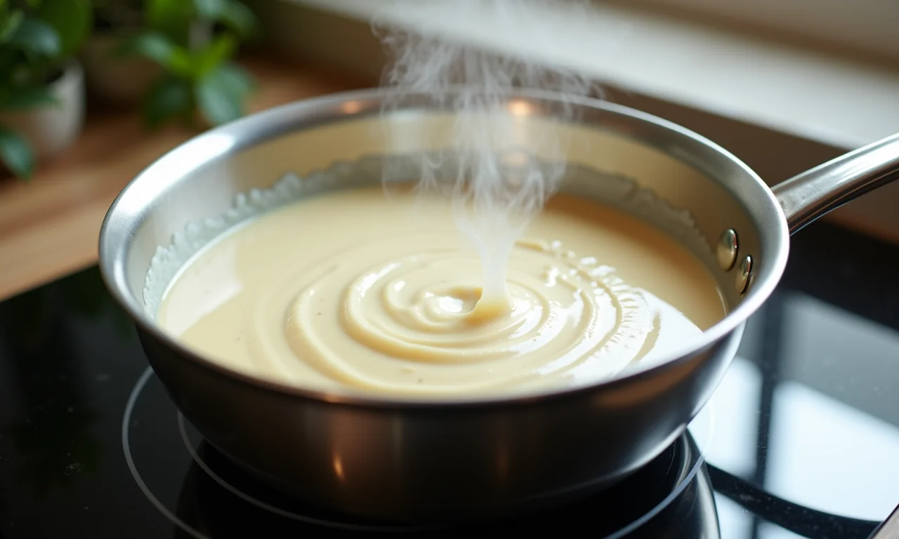 Molho branco cremoso cozinhando em panela de aço inoxidável.