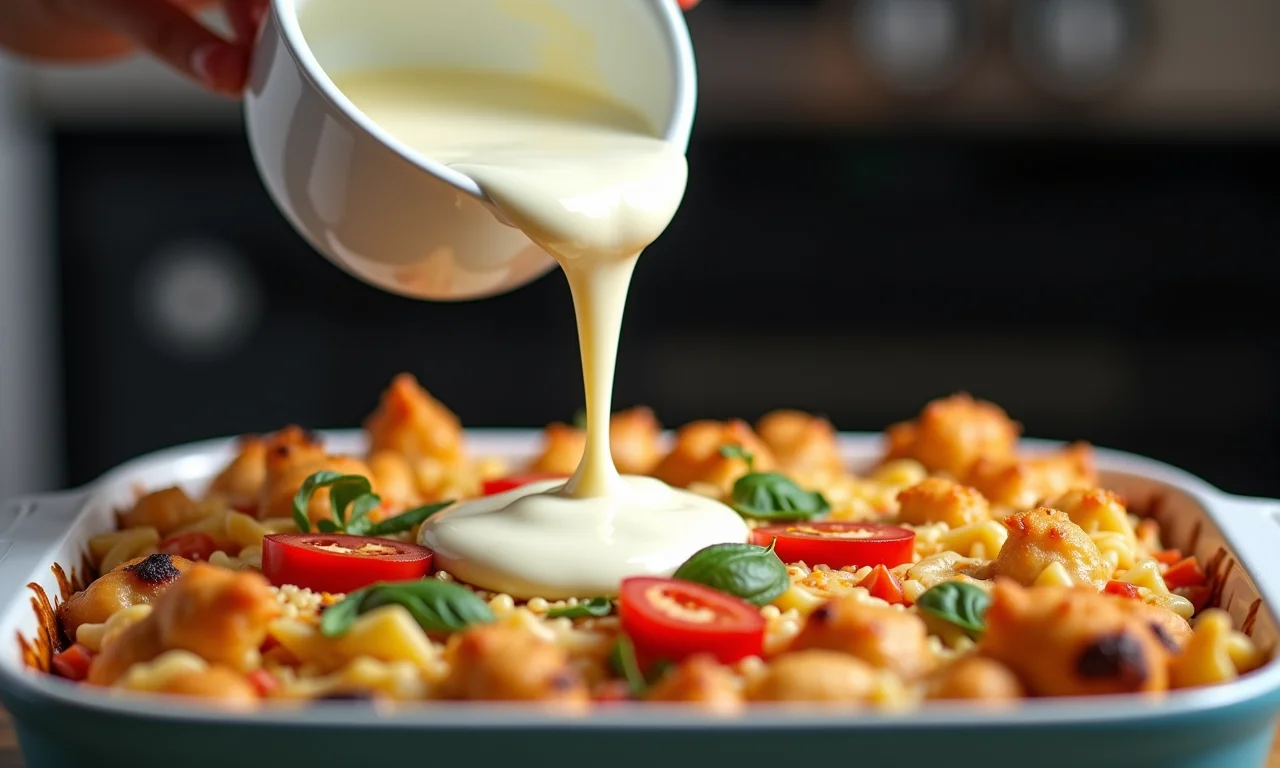 Molho branco sendo despejado sobre camadas de legumes e massa em refratário.