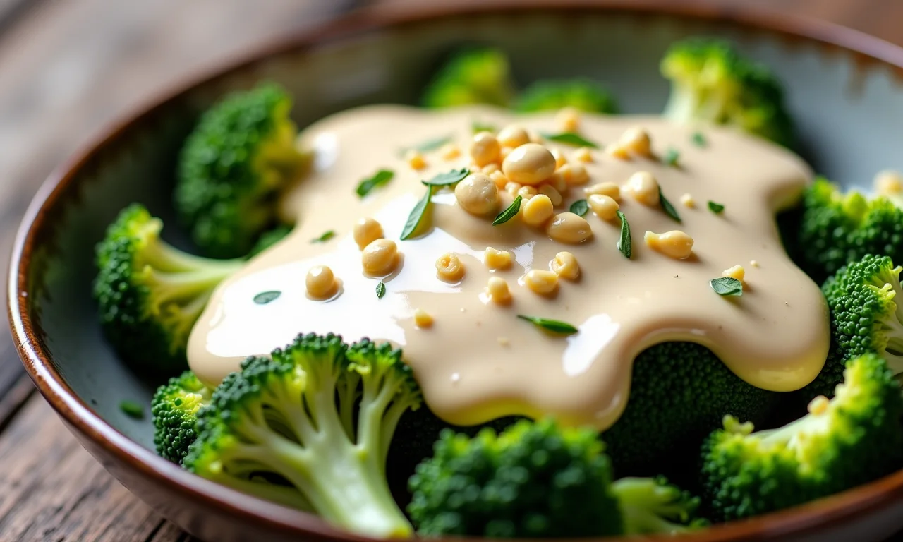 Molho branco vegano cremoso servido sobre brócolis cozido no vapor.
