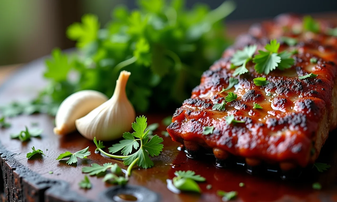 Molho chimichurri fresco com salsa, orégano, alho e azeite ao lado de costela.