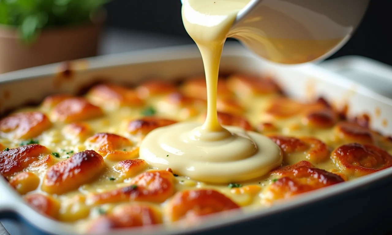 Molho cremoso sendo despejado sobre os ingredientes do gratinado.