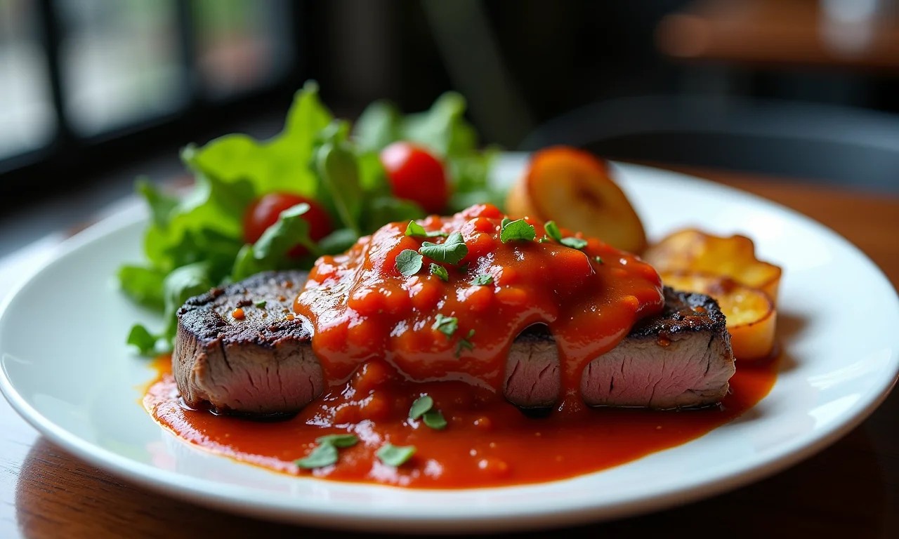 Molho de cabeludinha sobre carne grelhada.