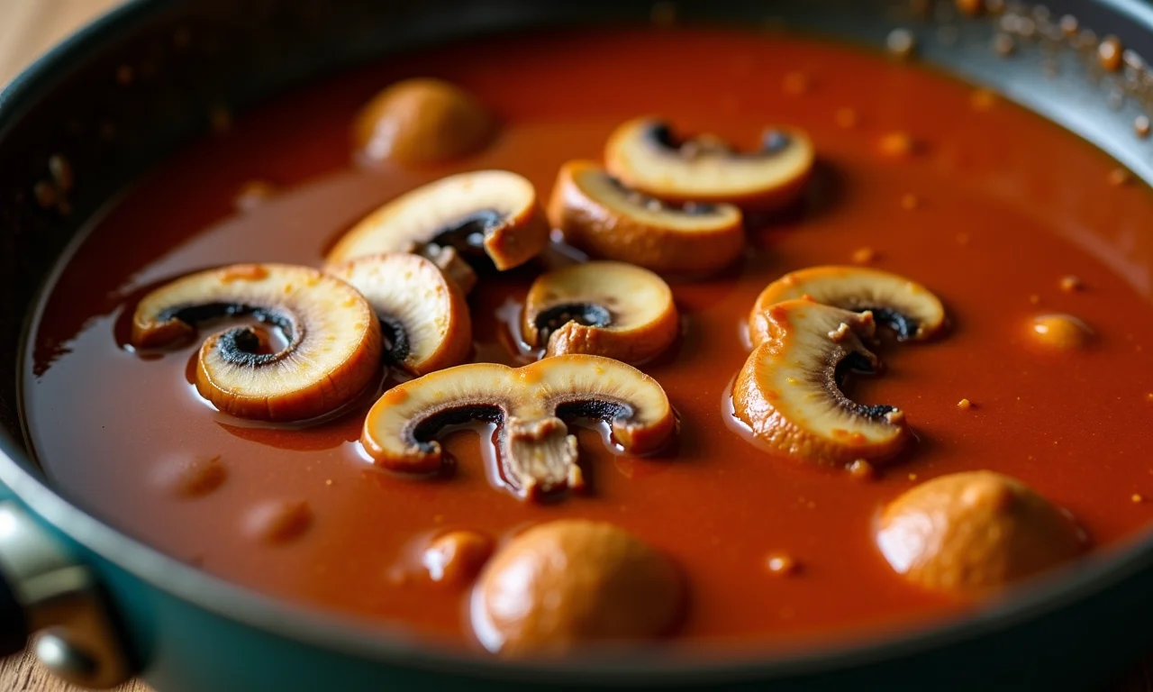 Molho de carne com cogumelos frescos cozinhando.